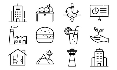 Minimal Line Business Icon Set Featuring Eco-Friendly, Office Workspace, Food & Beverage, Industrial, Presentation, and Landmark Symbols – Clean Vector Graphics for Digital Projects