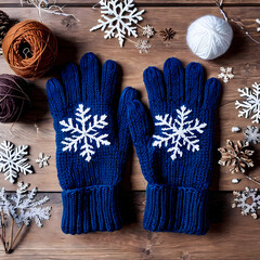 Winter Flatlay with Knitted Gloves and Snowflakes 