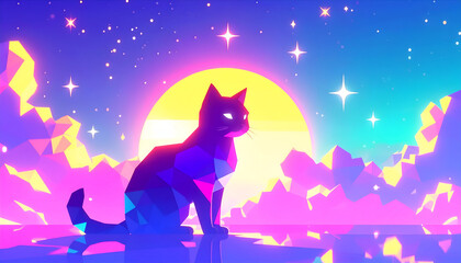 Retro Cat Sunset Silhouette.