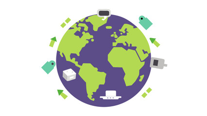 Fototapeta premium Green and Purple Globe Surrounded by Recycled Tech Gadgets