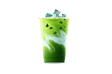 Bright Green Matcha Latte with Ice Cubes in Clear Glass on Transparent Background