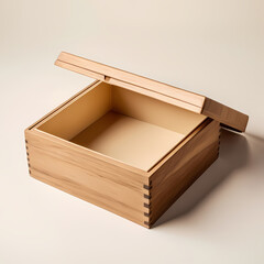 Wooden Box Packaging Mockup with Lid Open on Cream Background  