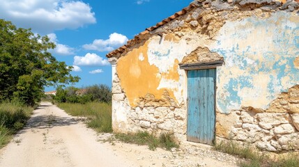 Abandoned Country House with Rustic Textures and Blue Door on Dusty Road Under Bright Blue Sky