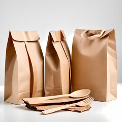 Wooden Disposable Cutlery Set and Kraft Paper Bag on Light Background  