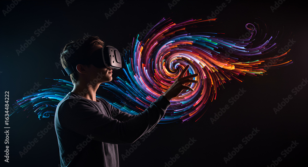 Poster man experiencing virtual reality world with vibrant swirling light patterns and vr headset