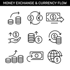 Money exchange and currency flow icons set. Coins, dollar, euro, banknotes, arrows, global money transfer