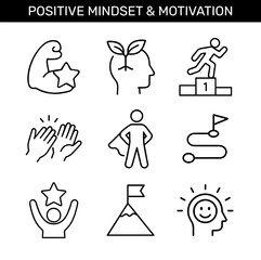 Positive mindset and motivation icons set. Growth chart, success path, achievement, mental strength, encouragement, reward