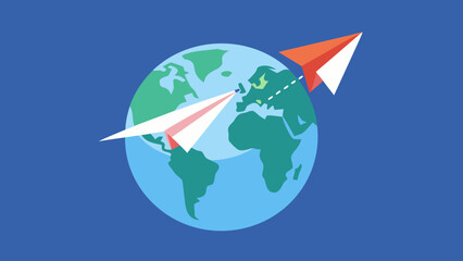 Fototapeta premium Two Paper Airplanes Circling a Teal and Green Earth Globe