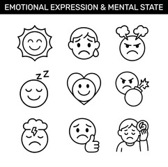 Emotional expression and mental state icons set. Happy, sad, angry, tired, anxious, confused, relaxed, and frustrated face symbols