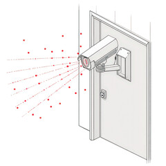 Security Camera Mounted on Doorway Shooting Laser and Particle Dots in Black and White