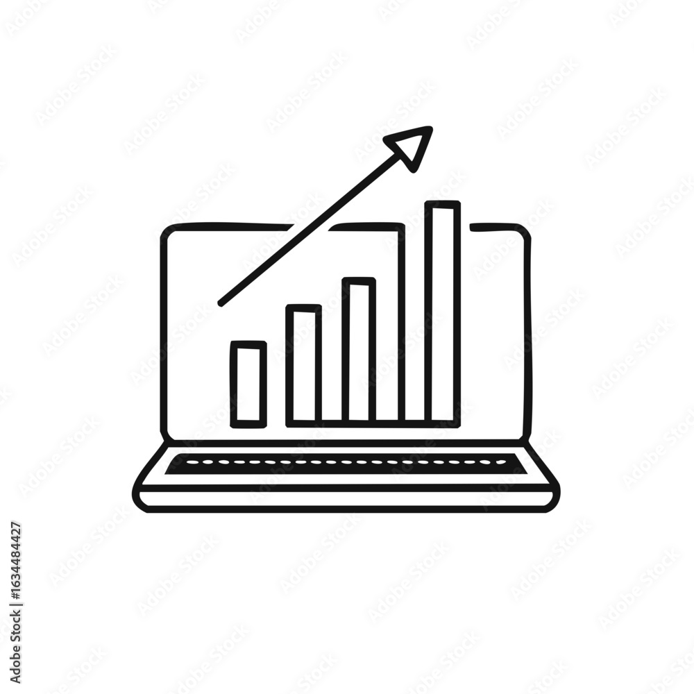 Aufkleber hand-drawn laptop displaying a bar graph chart with an ascending arrow demonstrating growth