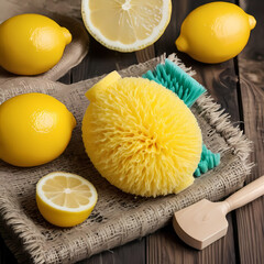 Yellow Cleaning Supplies with Lemon and Natural Fiber Sponge on Wooden Background  