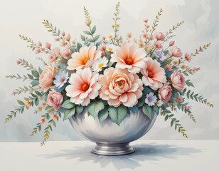 Obraz premium A silver bowl filled with peach and pink roses and white daisies with green leaves and small pink flowers