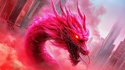 Majestic Pink Dragon Soars Over a Futuristic Cityscape in Dramatic Cloudy Atmosphere