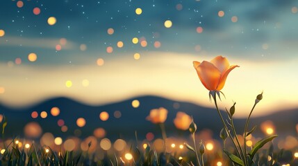 Beautiful flower in a dreamy landscape at sunset with bokeh lights and soft colors illuminating the scene