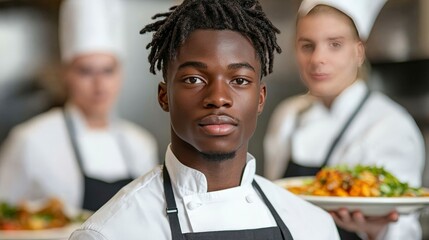 Professional young chef in modern kitchen with colleagues, preparing exquisite dishes for culinary presentation