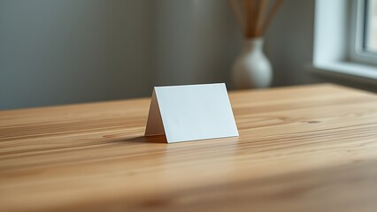 A blank notecard placed on a wooden desk with soft diffused lighting and shallow focus.