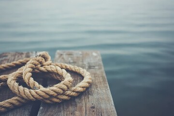 Fototapeta premium A Coiled Natural Rope on Weathered Wood Plank Dock Against Calm Aquatic Background Evokes Serenity and Nautical Vibes for Outdoor Adventure Themes