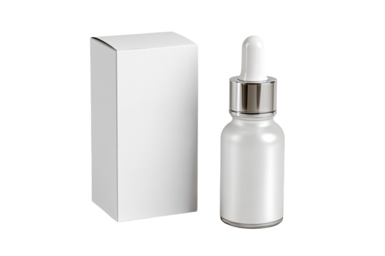 Blank white box and dropper bottle.  A white, rectangular box sits beside a white,  glass dropper bottle with a silver top.  Both are blank,  ready for custom branding