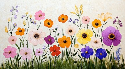 Vibrant Hand-Painted Floral Art with Colorful Flowers and Lush Greenery on a Textured Background