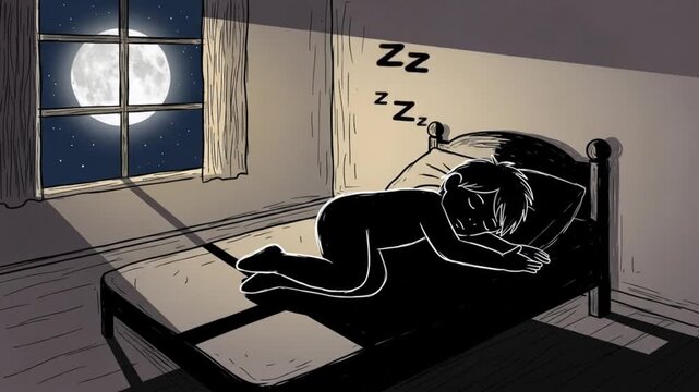 Child Sleeping Soundly in Bed Under Bright Full Moon