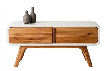 Modern wooden cabinet with smooth white finish and elegant vases, ideal for contemporary living spaces