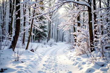 Fototapeta premium winter landscape photograph featuring gently falling snow in a forest path, captured in soft midday light with white.