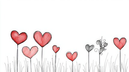 Whimsical Hand-Drawn Heart Flowers Illustration on White Background for Romantic Concepts and Love Themes