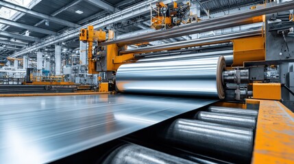 Industrial metal rolling machine processing a large sheet of metal in a factory setting indoors