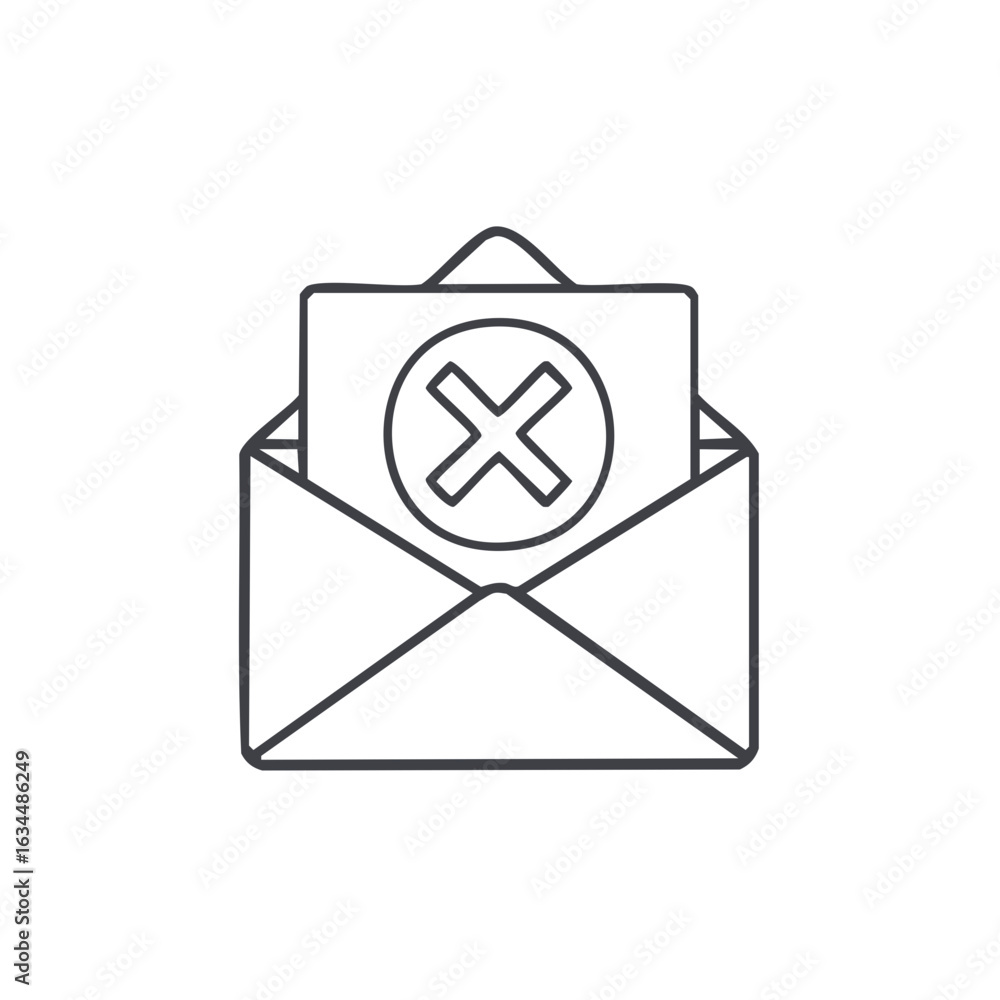 Poster rejected email in envelope: outlined cross symbol communication failure