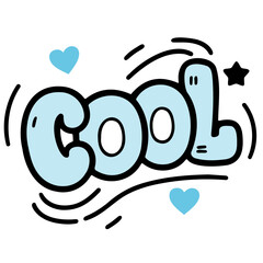 Illustration of the word cool in bubble letters with hearts and a star on a white background