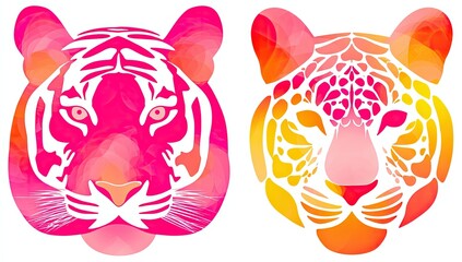 Two vibrant, abstract tiger heads in pink and orange