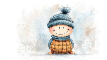 Cheerful Cartoon Character in Winter Outfit with Hat and Sweater, Smiling Against a Soft Background