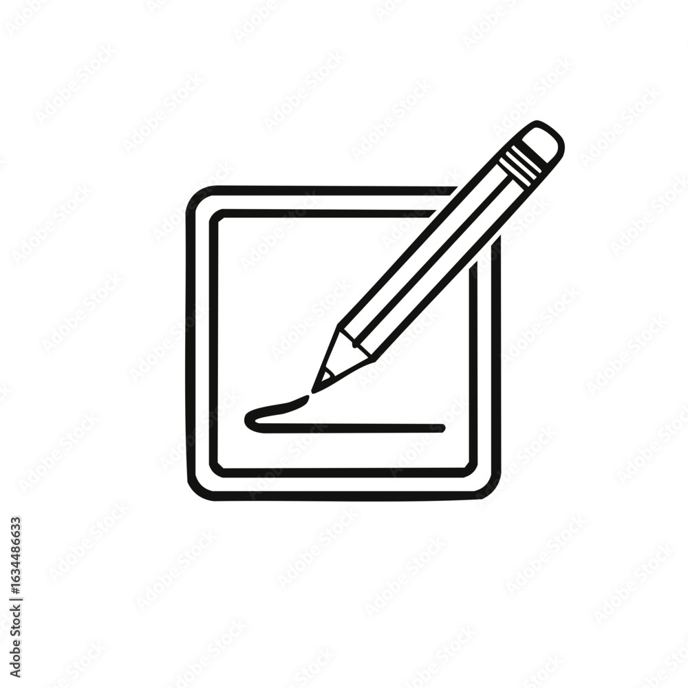Poster pencil drawing on square form shows an art process concept in linear monochrome style for graphics o