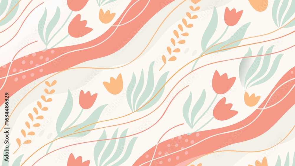 Poster floral pattern with tulips leaves and wavy lines in pastel colors creating a spring themed backgroun