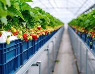 Strawberry plants thrive in vibrant greenhouse environment with bountiful fruit ready for harvest