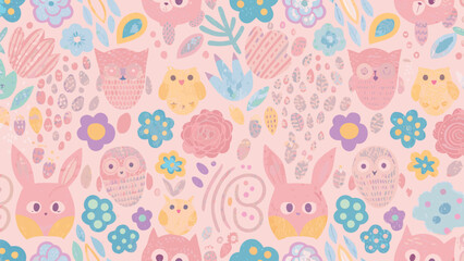 Pastel colored pattern featuring owls bunnies bears and flowers in a whimsical arrangement style design