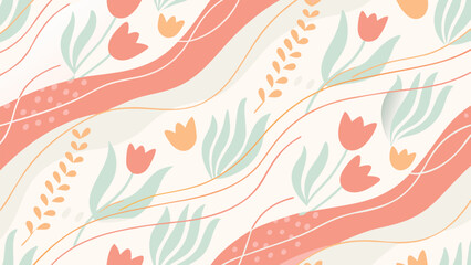 Fototapeta premium Floral pattern with tulips leaves and wavy lines in pastel colors creating a spring themed background