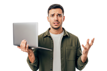 worried man
 with laptop computer isolated on white
