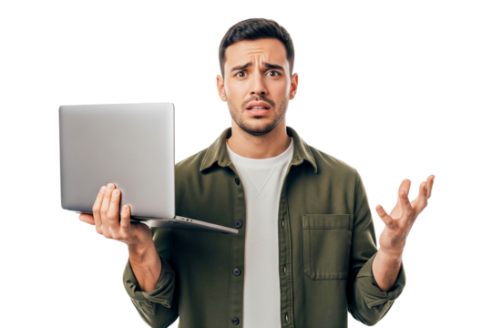 worried man
 with laptop computer isolated on white