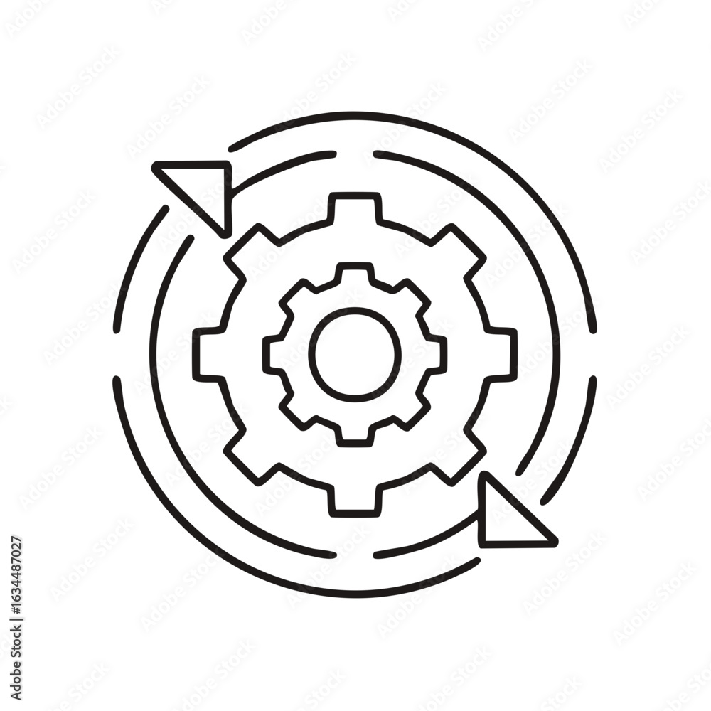 Aufkleber synchronization concept: cogwheel with circular arrows depicting process integration and workflow