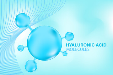 Blue 3D hyaluronic acid molecule icon, liquid collagen serum formula, Cosmetic moisturizer product background with copy space. Aesthetic skincare treatment banner. Beauty science molecular concept