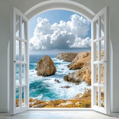 Wide window framing season A scenic coastal view framed by large open windows showcasing rocks and clouds. seasonal forest through cozy window