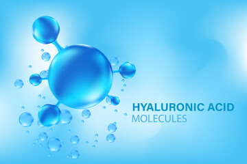 Blue 3D hyaluronic acid molecule icon, liquid collagen serum formula, Cosmetic moisturizer product background with copy space. Aesthetic skincare treatment banner. Beauty science molecular concept