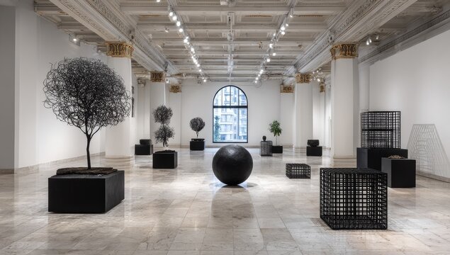 Grand gallery showcasing modern sculptures