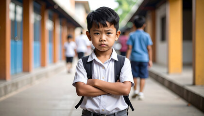 Schoolboy with arms crossed, and hallway.