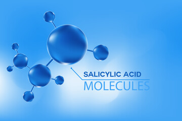 Blue 3D hyaluronic acid molecule icon, liquid collagen serum formula, Cosmetic moisturizer product background with copy space. Aesthetic skincare treatment banner. Beauty science molecular concept