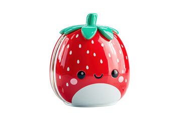 Cute Strawberry Shaped Toy with Smiling Face and Green Leaf Top on Transparent Background