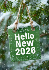 Holiday white sign 'Hello New 2026' on a green board in a winter forest.