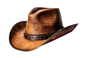 A brown leather cowboy hat with a curved brim, detailed stitching, and a decorative band. The hat is shot at a slight angle on a transparent 